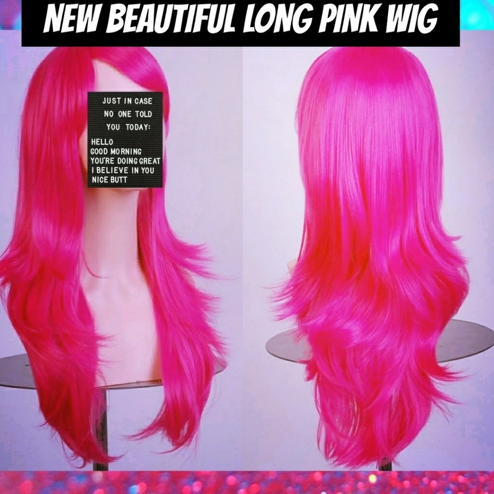 NEW PINK Long wavy full Wig